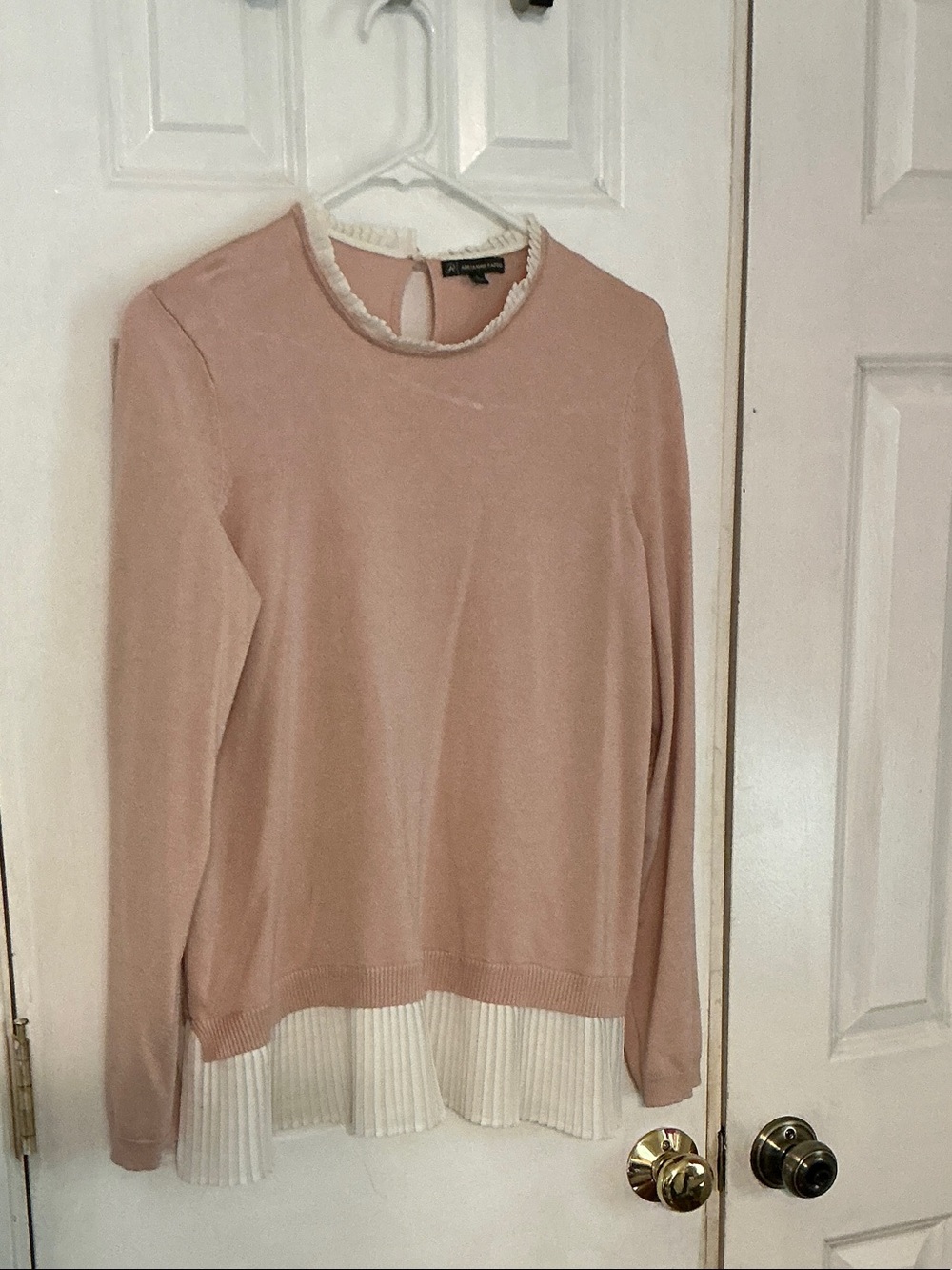 Adrianna Papell Blush Pink Long-Sleeve Sweater with Cream Pleated Hem